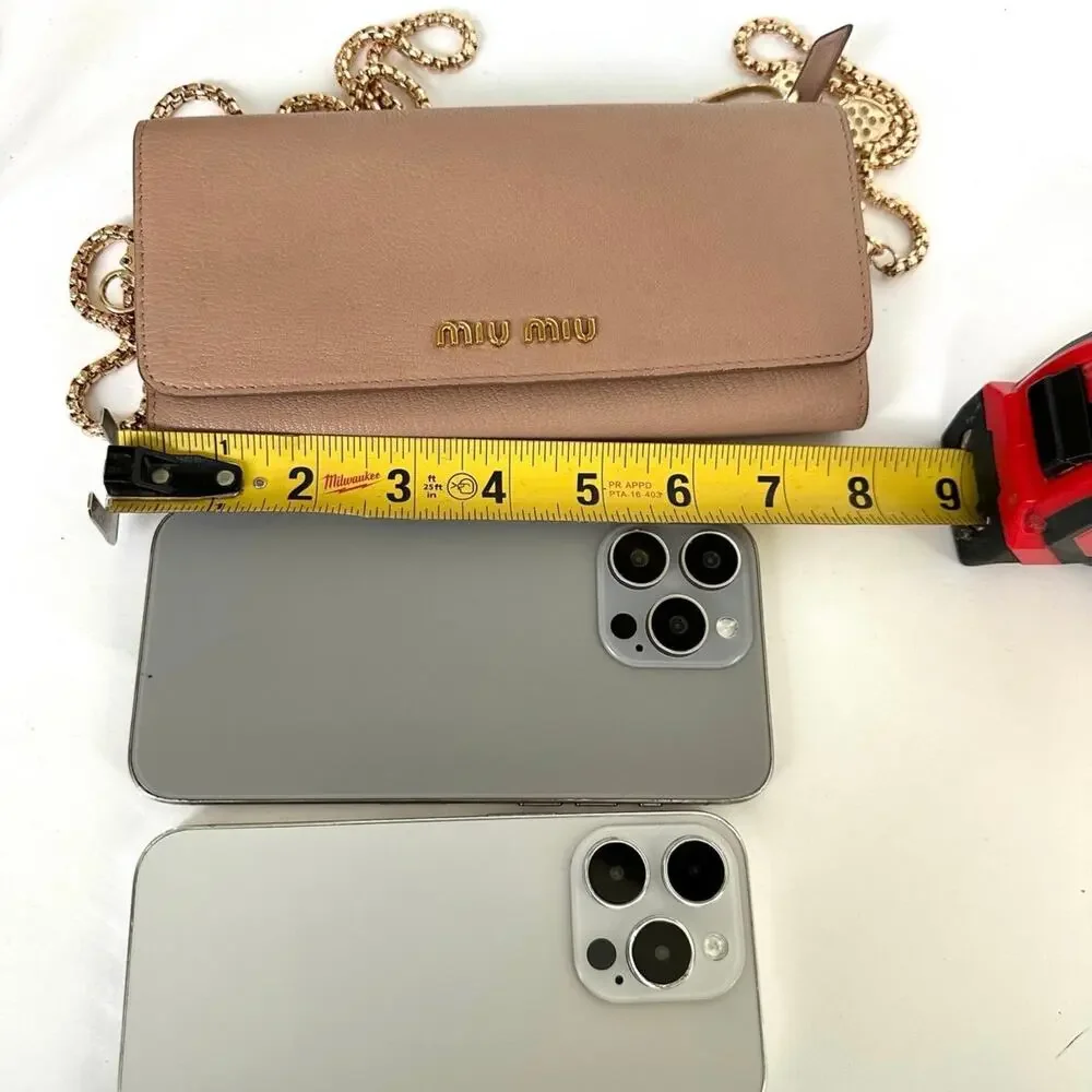 Authentic Miu Miu Beige Leather Wallet on Chain Gold Logo Crossbody - Picture 14 of 16